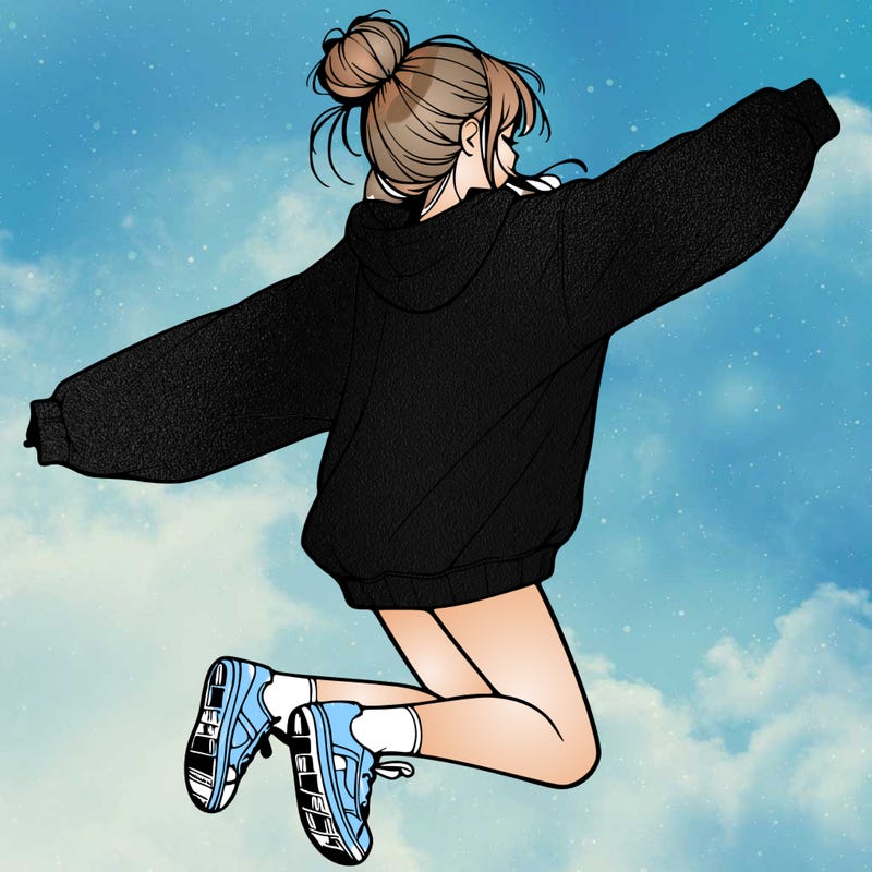 realistic girl jumping with a bun and oversized sweatshirt