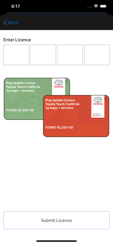 Toyota Lexus QRcode Map Update - Interface of the Toyota Lexus map update app showing license key entry fields and map update license cards