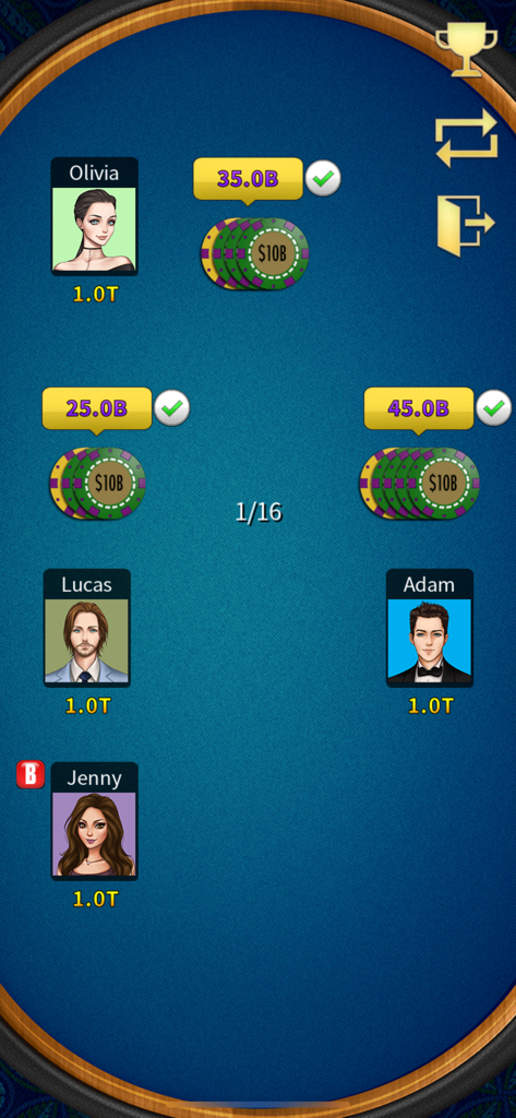 Pai Gow (Deluxe) - Un écran de jeu mobile de Pai Gow Deluxe montrant les joueurs Olivia, Lucas, Adam et Jenny à une table de pari virtuelle avec des jetons et des indicateurs de manche.