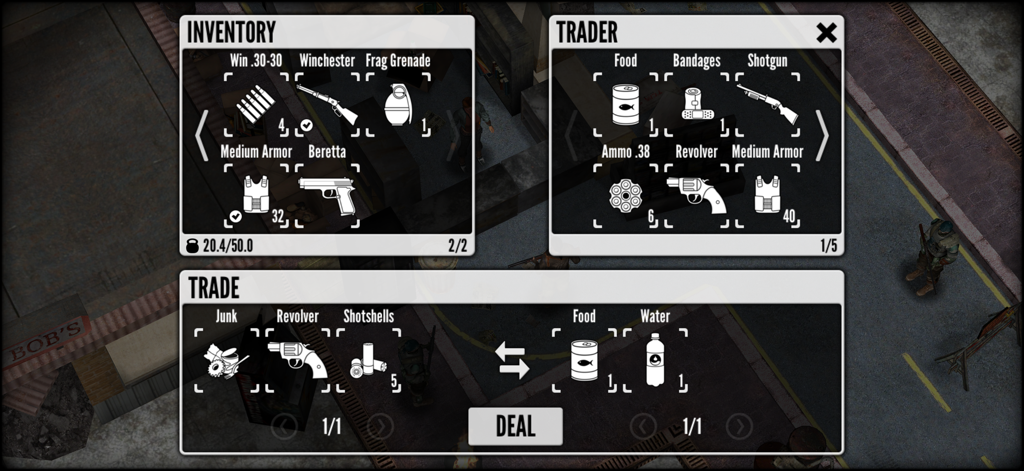 Hardboiled - Handelsoberfläche im Spiel Hardboiled, die Inventar und Item-Austausch gegen Überlebensvorräte zeigt