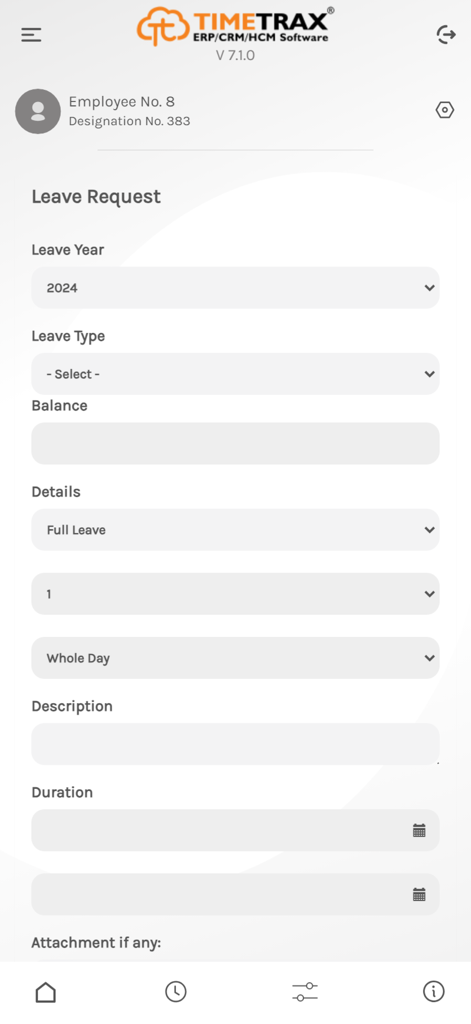 TimeTrax mobile app leave request interface showing form fields for leave year and leave type