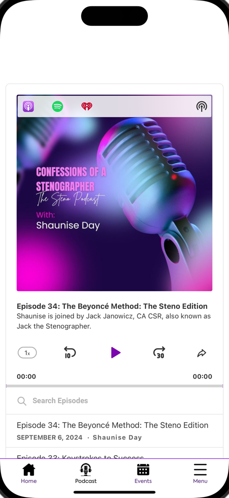 Steno In The City - Steno In The City app podcast player showing the Confessions of a Stenographer episode