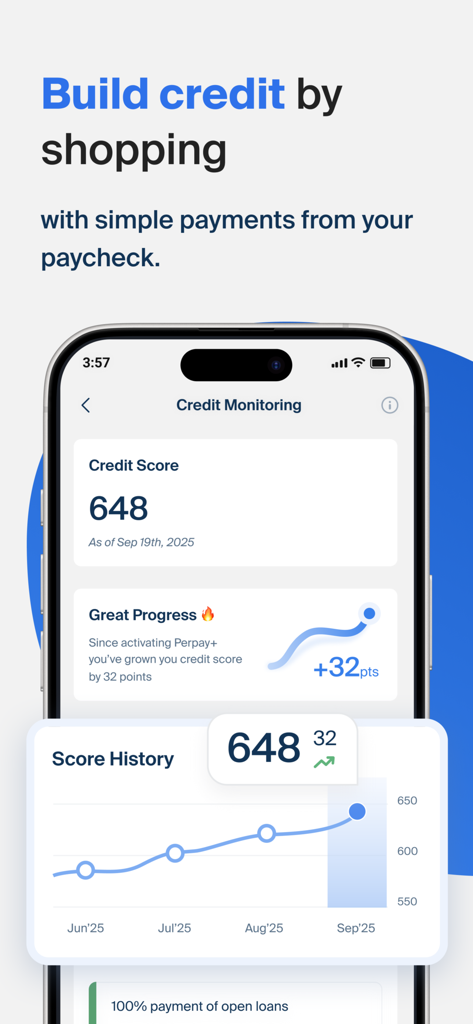 Perpay mobile interface showing credit monitoring tools and a rising score history graph
