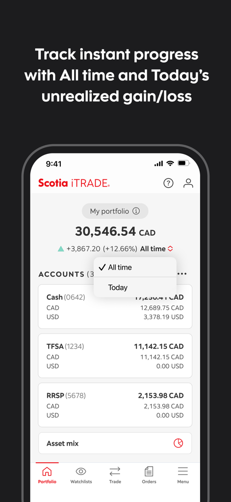 Scotia iTRADE mobile - Scotia iTRADE mobile app portfolio screen displaying total balance and unrealized gain or loss for various investment accounts