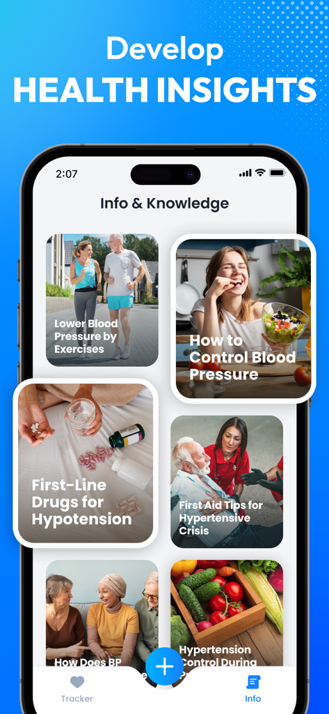 Una pantalla de aplicación móvil que muestra artículos de salud e información para el control de la presión arterial