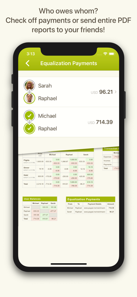 Splittr - Expense Splitting - iPhone screenshot showing Splittr app equalization payments screen and expense reports.