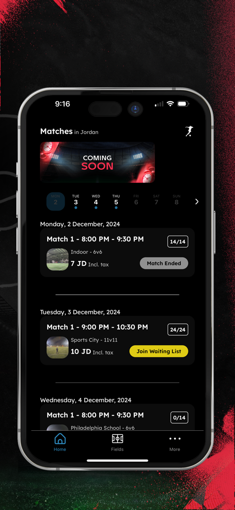 Playfootball ME - Playfootball ME app screen displaying a list of upcoming soccer matches with booking and waiting list options