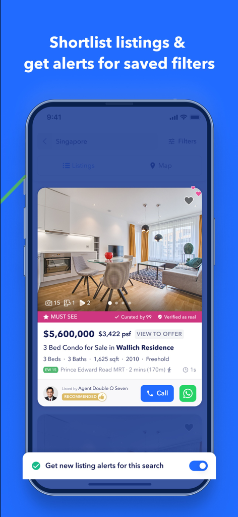 99.co Singapore Property, HDBs - Mobile app interface of 99 co showing a luxury apartment listing in Singapore and a notification toggle for search alerts