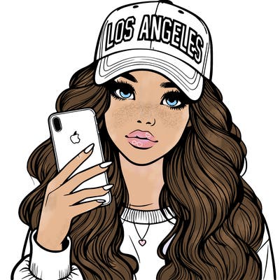 realistic beautiful girl wearing los ángeles cap holding an iphone