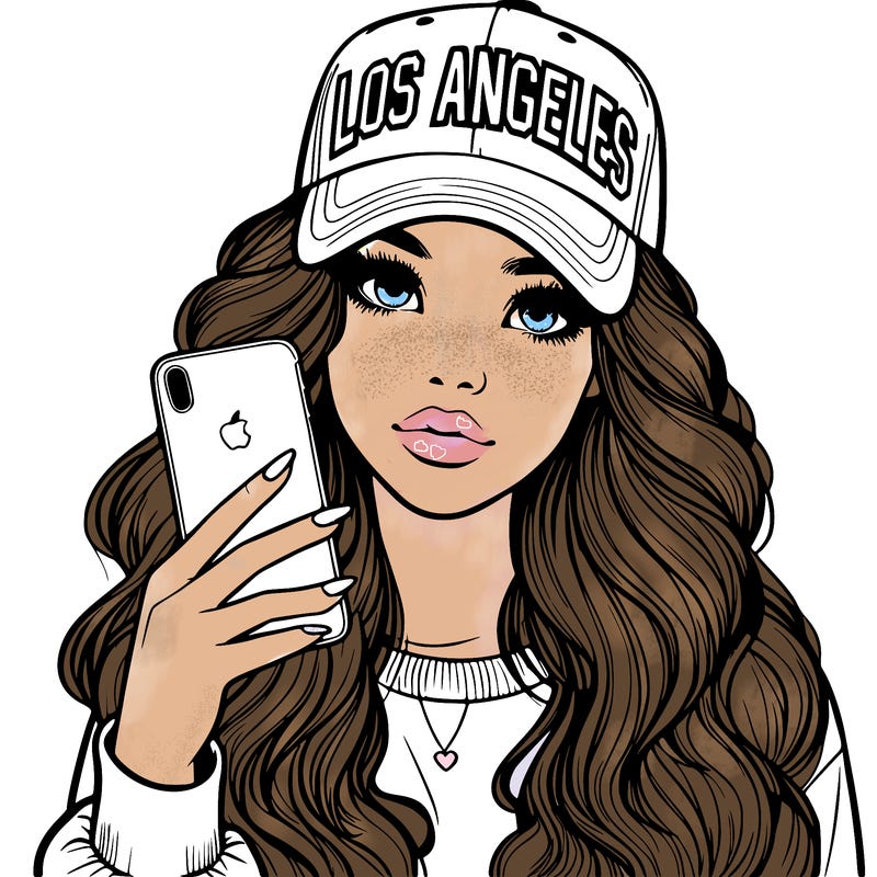 realistic beautiful girl wearing los ángeles cap holding an iphone