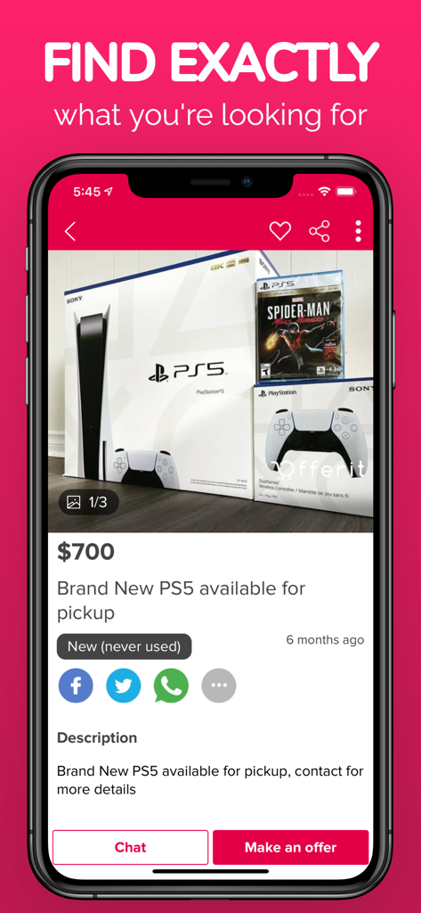 Marketplace: Buy & Sell Tradet - Tradet Marketplace app screenshot showing a local listing for a new PS5 console for seven hundred dollars