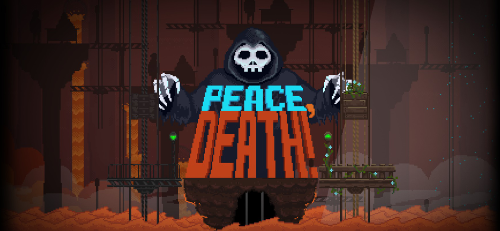 Title screen of the Peace Death arcade simulator featuring a pixel art Reaper character and dark industrial background