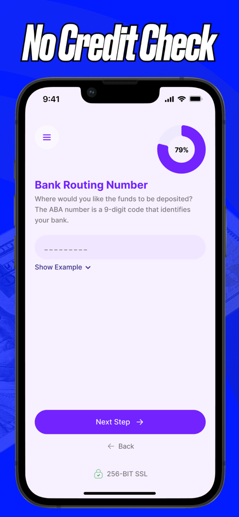 Cash Advance Now - By Ocoee. - Cash Advance Now app interface for entering bank routing number with a no credit check banner