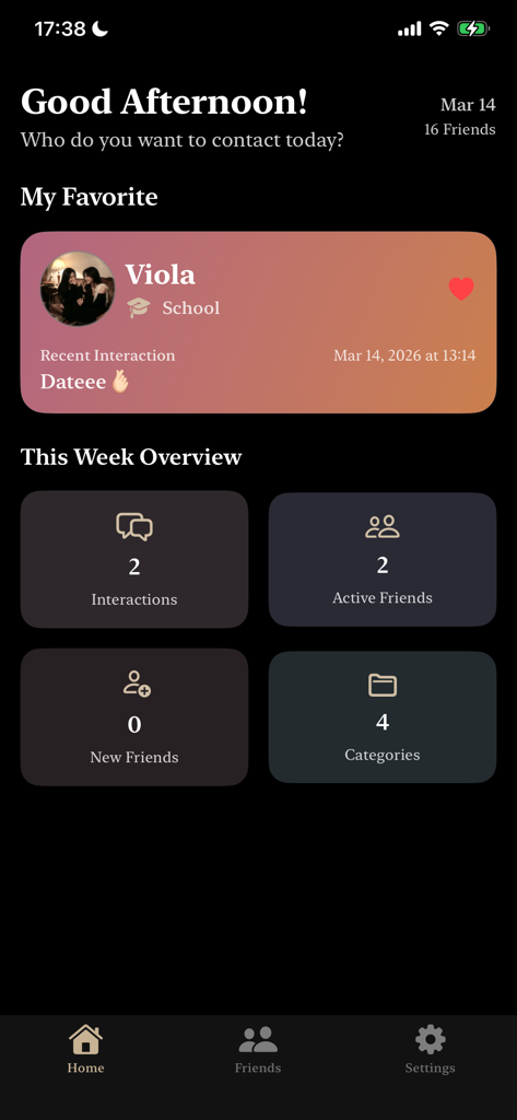 Momento: Friends Journal - The home screen of the Momento app showing a favorite friend profile and a weekly overview of social interactions