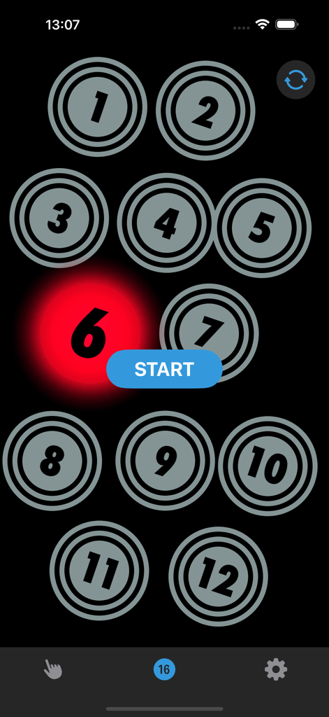 Tap Roulette - Random Picker - Tap Roulette App-Oberfläche mit zwölf nummerierten Kreisen, wobei Kreis sechs rot leuchtet und ein blauer Startknopf.