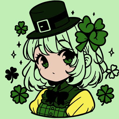 a manga-style girl with clovers around her, a little hat in her hair, like it's saint patrick's day