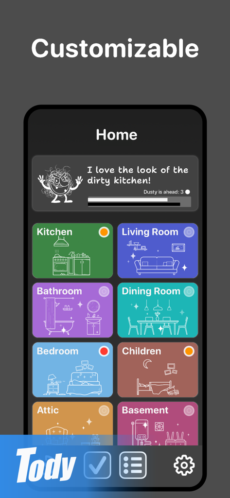 Panel de la aplicación Tody que muestra categorías de limpieza personalizables para varias habitaciones, incluyendo cocina y sala de estar.