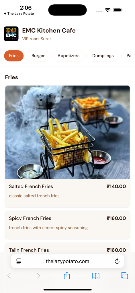 The Lazy Potato - Mobile digital menu for a cafe showing varieties of french fries with photos and prices