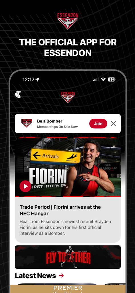 Essendon Official App - Startbildschirm der Essendon Offiziellen App mit den neuesten Team-Nachrichten und Video-Highlights