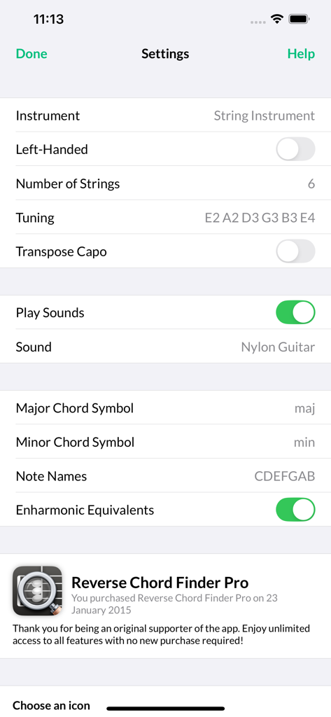 Reverse Chord Finder Pro - Settings screen of the Reverse Chord Finder Pro app showing instrument configuration and tuning options