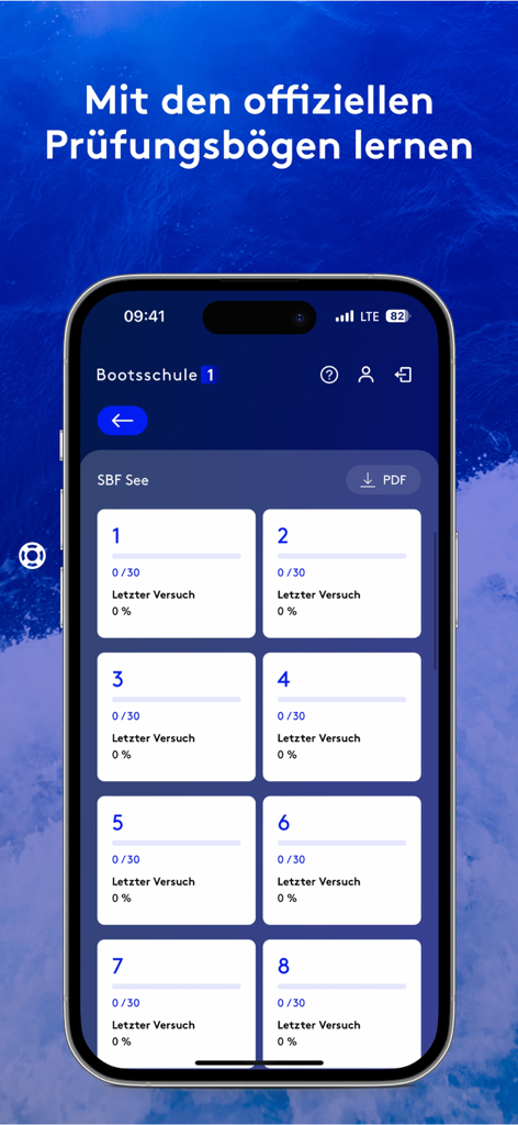 Bootsschule1 - Smartphone display showing the progress of official boating exam papers in the Bootsschule1 app