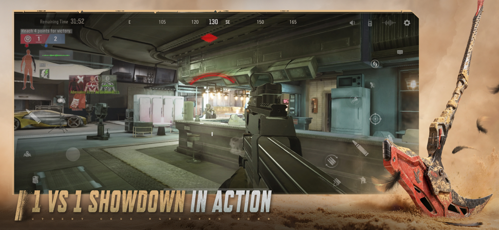 A first person tactical shooter scene from the Arena Breakout 1v1 showdown mode