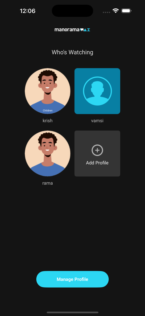 manoramaMAX - Malayalam Movies - Écran de sélection de profil de l'application ManoramaMAX montrant plusieurs profils d'utilisateurs sous Qui regarde