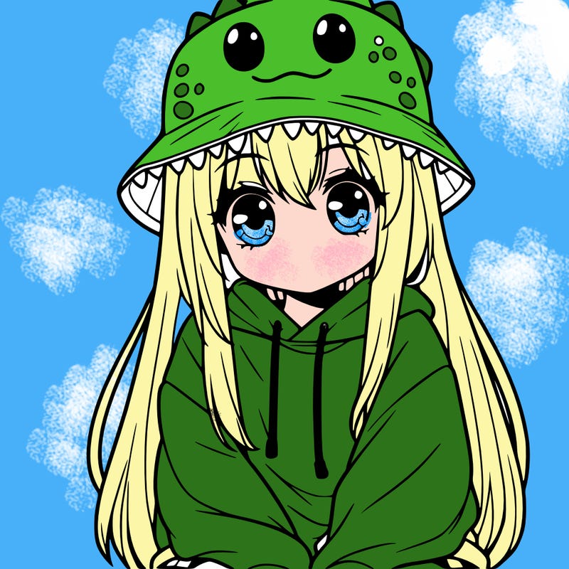 girl with anime shaped eyes with a dinosaur bucket hat oversized sweatshirt long straight hair