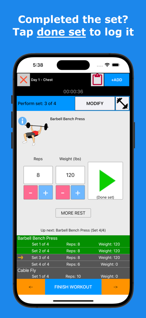 Gains - Gym Workout Plan & Log - Interfaz de la aplicación Gains para registrar una serie de press de banca con repeticiones y peso.