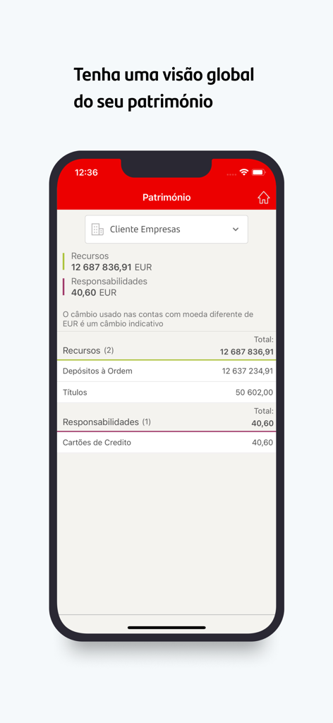 Santander Empresas Portugal - Smartphone screen displaying the global assets and liabilities overview in the Santander Empresas Portugal business banking app
