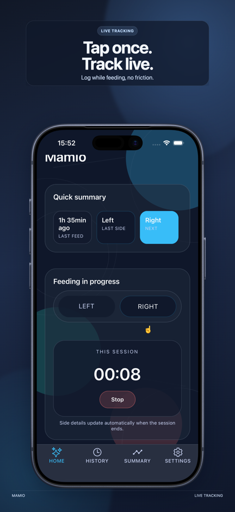 Mamio: Breastfeeding Tracker - Aplicación de rastreo de lactancia Mamio que muestra un temporizador de lactancia en vivo y botones de selección de lado en una interfaz minimalista oscura