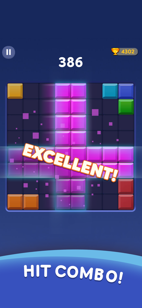 Block Blast Gameplay-Screenshot, der ein buntes Block-Puzzle mit der Nachricht 'Excellent hit combo' zeigt.