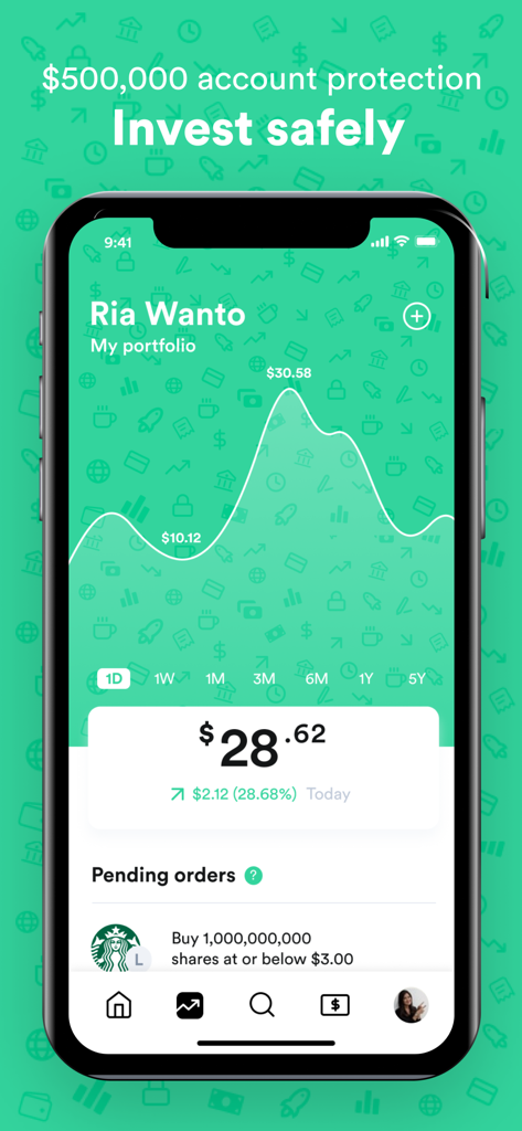 Gotrade - Invest in US stocks - Gotradeアプリのインターフェース。株ポートフォリオのパフォーマンスとSIPC口座保護を表示。