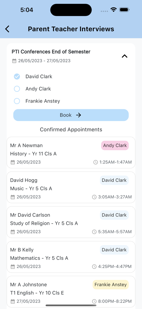 ParentOrbit mobile app screen showing scheduled parent teacher interview appointments and booking options for multiple children.