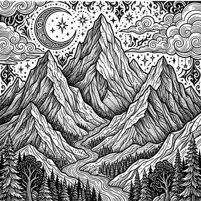 Explore a mesmerizing Gothic dot work mountain landscape, featuring jagged peaks, a mystical crescent moon, and intricate celestial patterns. This unique coloring page invites you to delve into a world of dark elegance and creative expression.