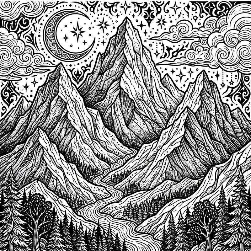 Explore a mesmerizing Gothic dot work mountain landscape, featuring jagged peaks, a mystical crescent moon, and intricate celestial patterns. This unique coloring page invites you to delve into a world of dark elegance and creative expression.