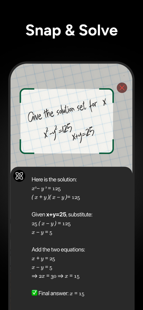 Genie AI assistant solving a handwritten math equation using the Snap and Solve feature