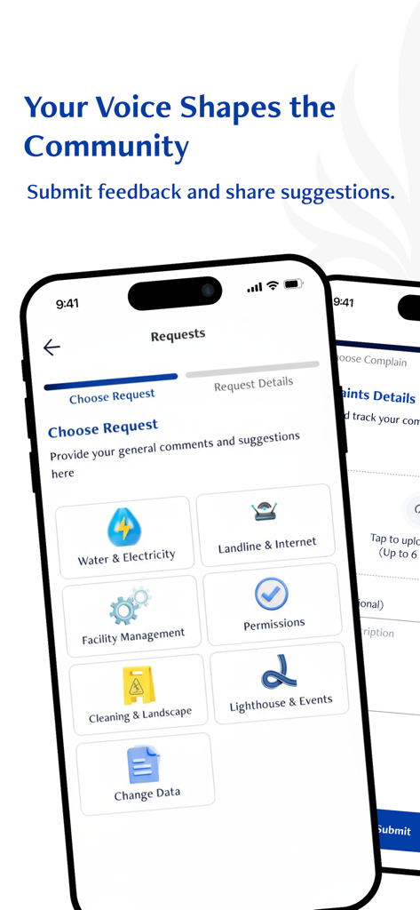 Mountain View Community - Schermata dell'app Mountain View Community che mostra varie categorie di richieste di servizio, tra cui manutenzione delle utenze e opzioni di feedback della comunità