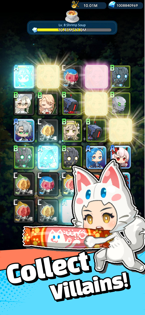 A grid of collectible chibi villain characters in the Supervillain Wanted game.