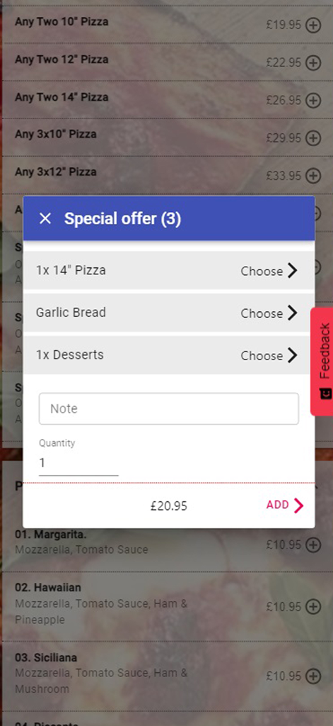 Classico Pizza Takeaway app screen displaying a special bundle offer for pizza and sides