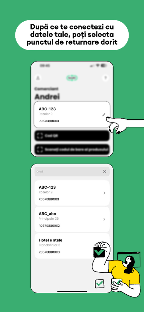 RetuRO for Business - Interfaccia dell'app RetuRO for Business che mostra un elenco di punti di reso registrati per la raccolta.
