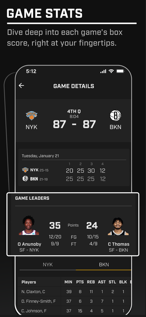 Mobile screen showing basketball game stats and player leaders for a Knicks versus Nets match in the Gotham Sports app