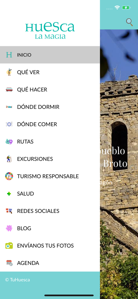 Huesca La Magia - Menu di navigazione principale dell'app turistica Huesca La Magia con categorie per itinerari e attività
