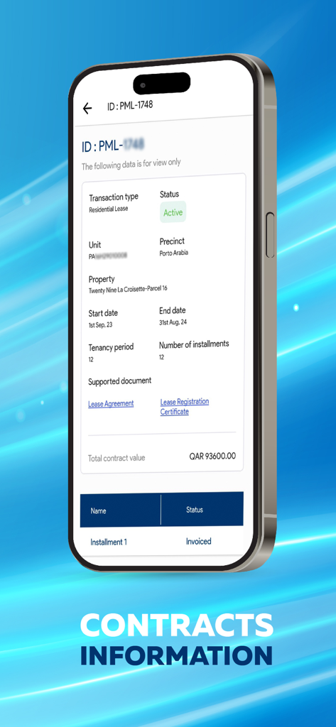 The Pearl Island - Smartphone screen showing property lease contract details within The Pearl Island mobile app
