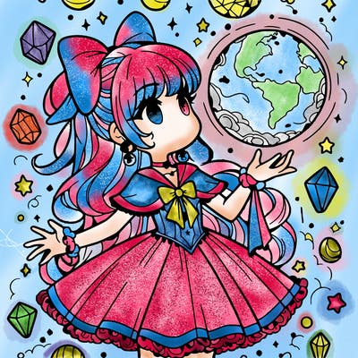 magical girl with floating orb in hand  crystals everywhere.