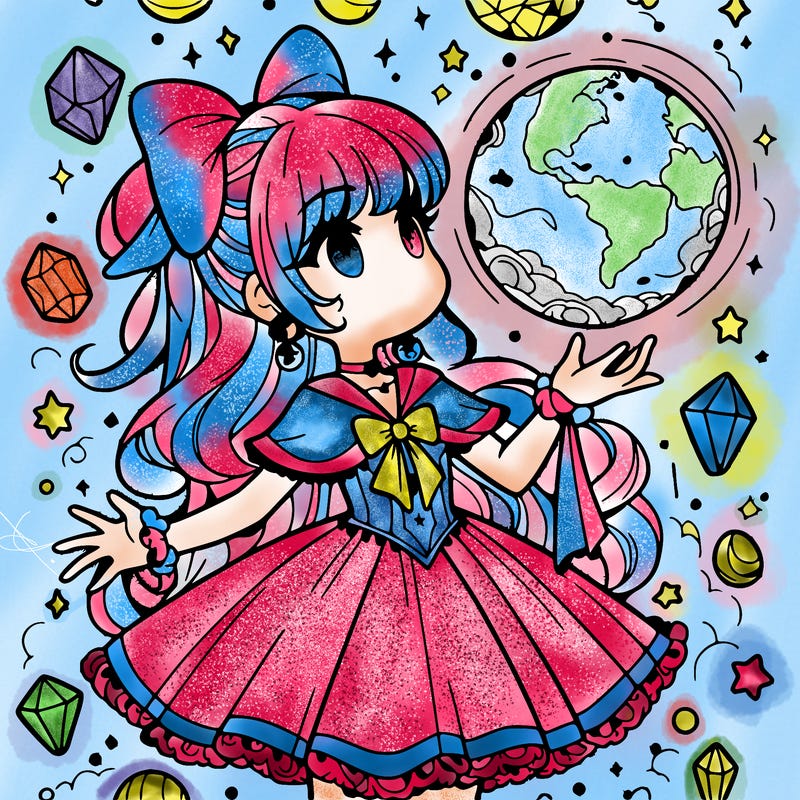 magical girl with floating orb in hand  crystals everywhere.