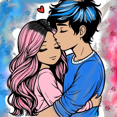 a realistic couple boy and girl hugging and kissing