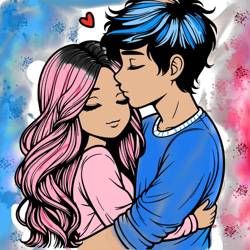 a realistic couple boy and girl hugging and kissing