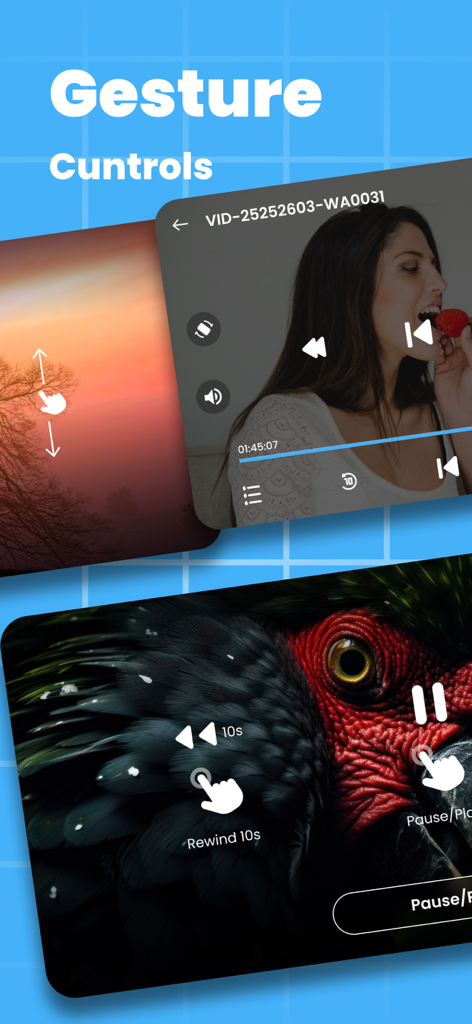 Interfaz de la aplicación MA Player que muestra controles gestuales intuitivos para la reproducción de video en dispositivos móviles