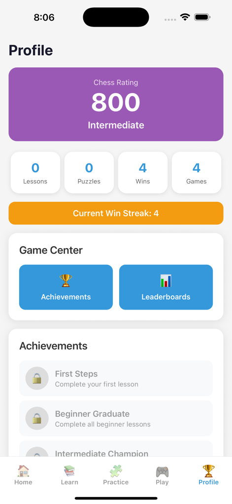 Chess Academy - Play & Learn - The user profile screen of Chess Academy showing an 800 intermediate rating and game statistics